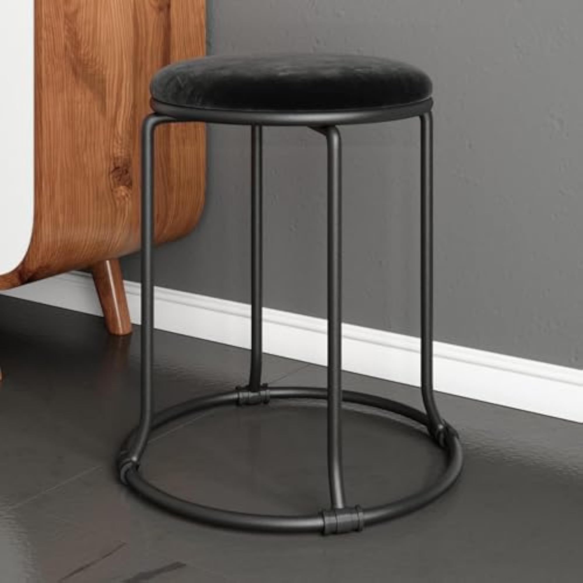 Luxury Modern Black Round Stool with Velvet Cushion